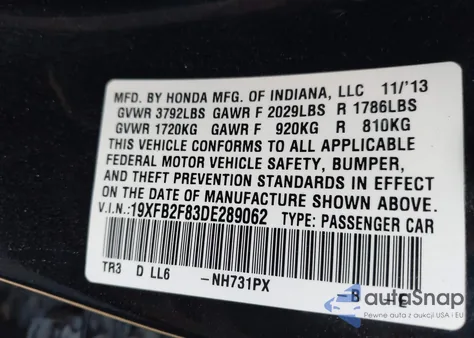 2013 Honda Civic Ex from USA, damaged, VIN 19XFB2F83DE289062